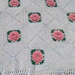 Vintage Hand Crocheted Cotton Bedspread-1954 Rose Bower Pattern-White Pink Green